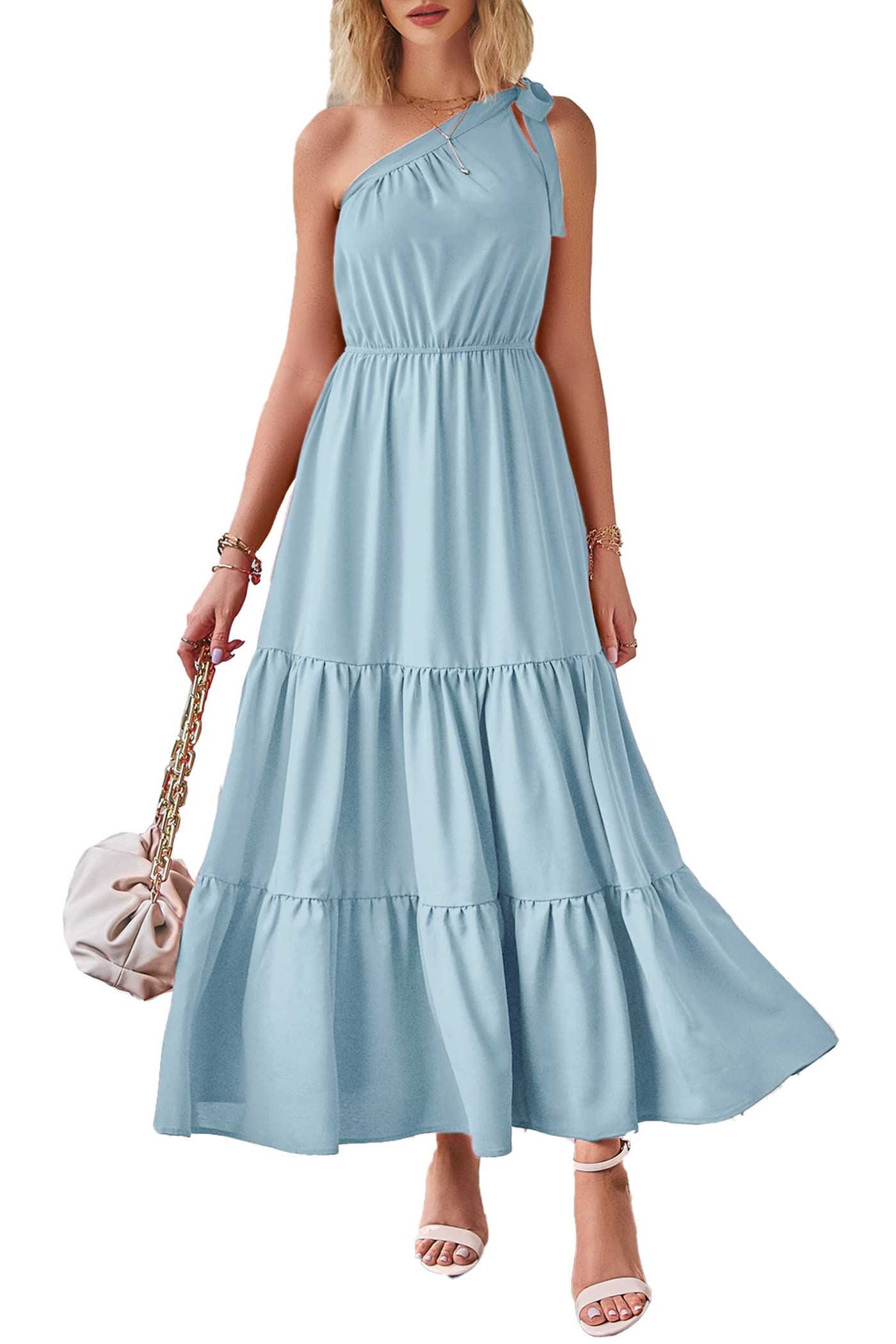 PRETTYGARDEN Women's One Shoulder Boho Floral Maxi Dress | Sleeveless Tiered A Line, Long Flowy Sundress, Tie Knot Summer Vacation Dresses, Spring Wedding Guest Outfits for Beach Party