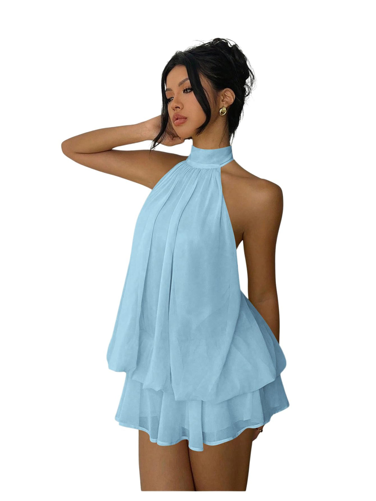 Verdusa Women's Chiffon Halter Drop Waist Flowy Wedding Guest Mini Dresses | Sleeveless, Ruffle Hem, Loose Fit, Brunch Outfits, Birthday, Going Out, Cocktail, Y2k