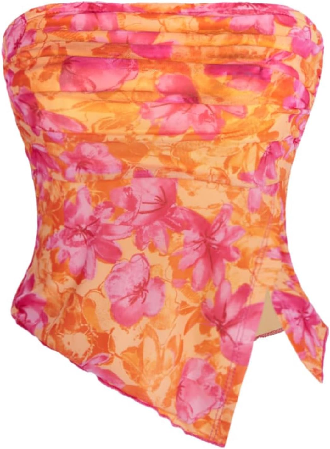 Milumia Women Floral Summer Mesh Ruched Tube Top Y2k Going Out Crop Tops | Strapless Tropical Hawaiian Tank, Vacation Outfits, Beach, Bandeau, Asymmetrical Split Hem