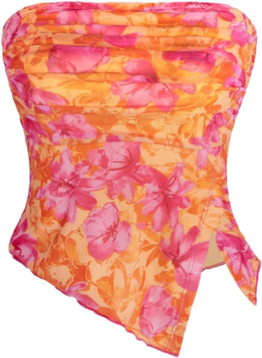 Milumia Women Floral Summer Mesh Ruched Tube Top Y2k Going Out Crop Tops | Strapless Tropical Hawaiian Tank, Vacation Outfits, Beach, Bandeau, Asymmetrical Split Hem