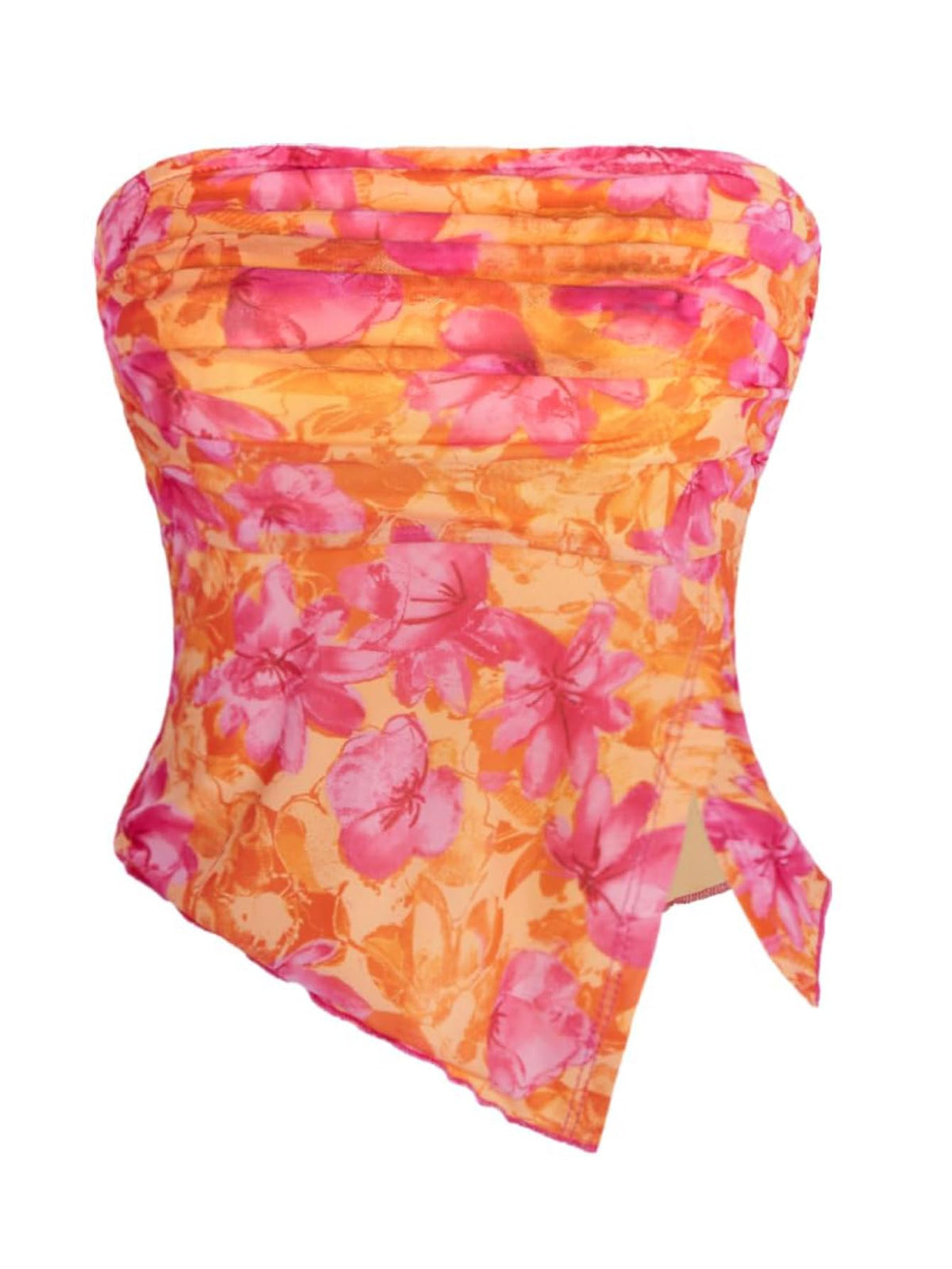 Milumia Women Floral Summer Mesh Ruched Tube Top Y2k Going Out Crop Tops | Strapless Tropical Hawaiian Tank, Vacation Outfits, Beach, Bandeau, Asymmetrical Split Hem