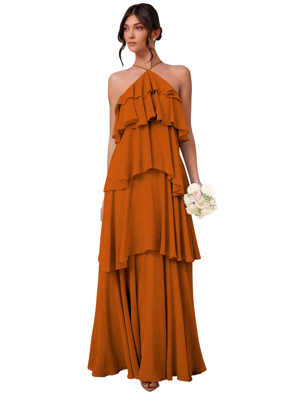 Chiffon Halter Bridesmaid Dresses for Women A Line Tiered Ruffle Long Formal Evening Gown