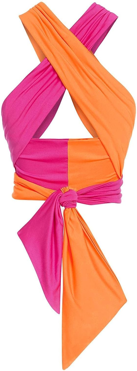 ZAFUL Womens Ribbed Halter Crop Top Ruched Lace-up Cropped Cami Bandana Top Criss Cross Wrap Print Tank Top