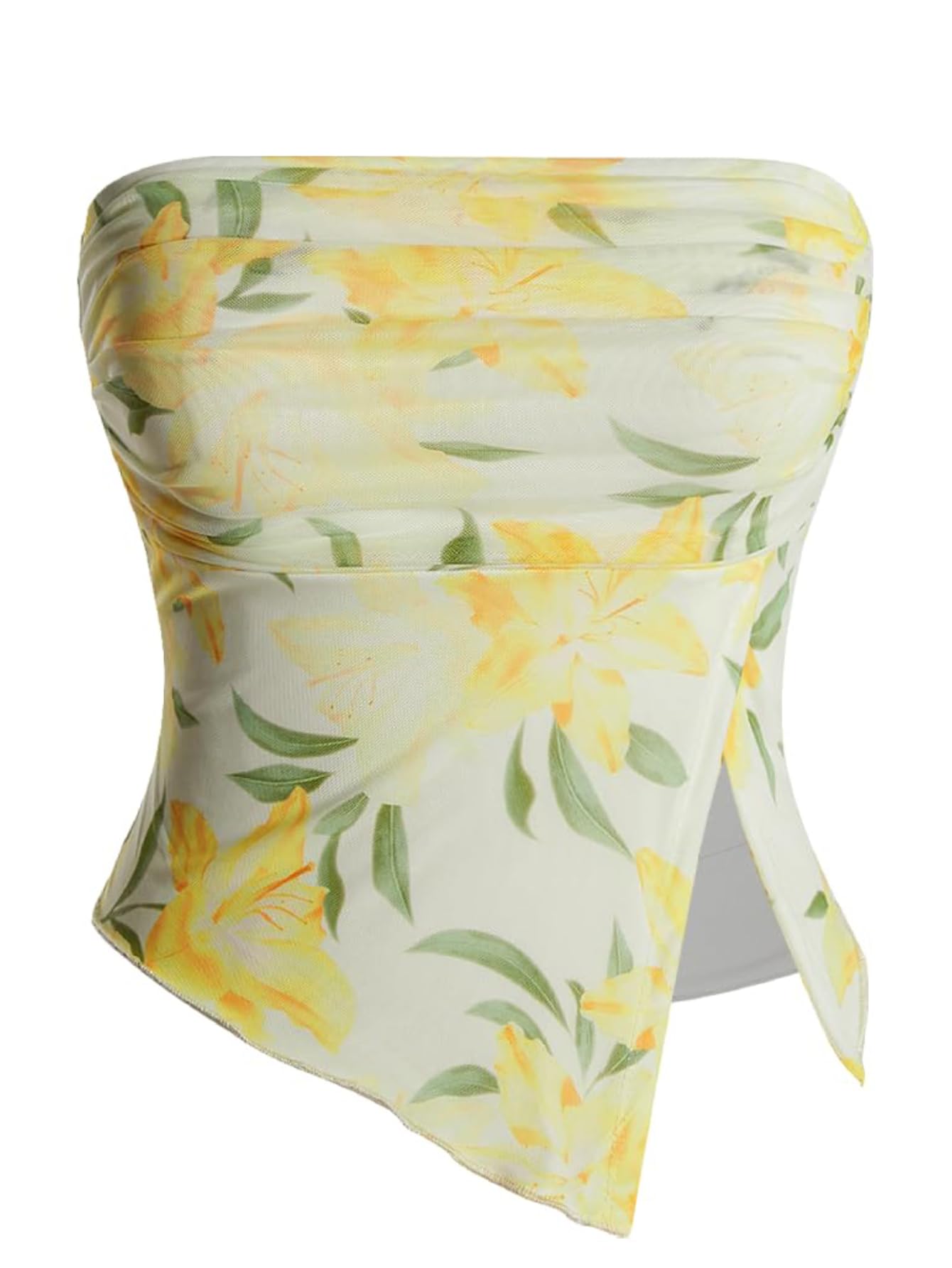 Milumia Women Floral Summer Mesh Ruched Tube Top Y2k Going Out Crop Tops | Strapless Tropical Hawaiian Tank, Vacation Outfits, Beach, Bandeau, Asymmetrical Split Hem