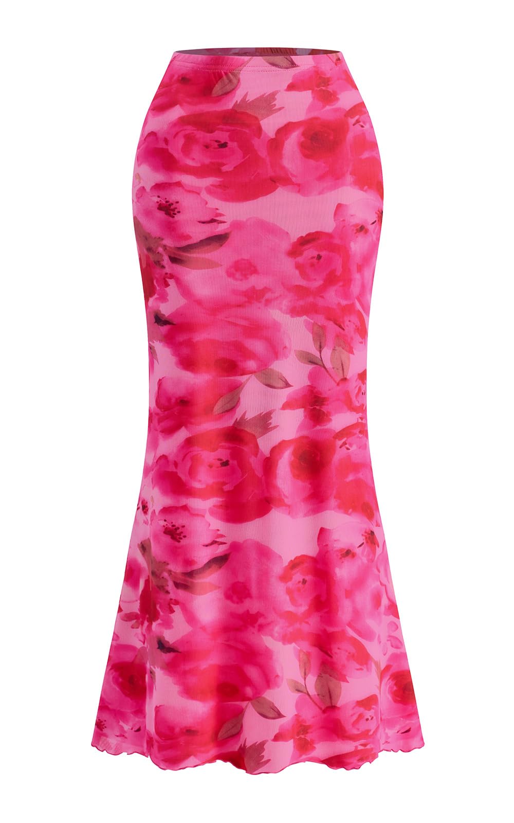 PRETTYGARDEN Women's Floral Print Mesh Long Skirt High Waisted Bodycon Fishtail Flowy Summer Maxi Skirts for Women Trendy
