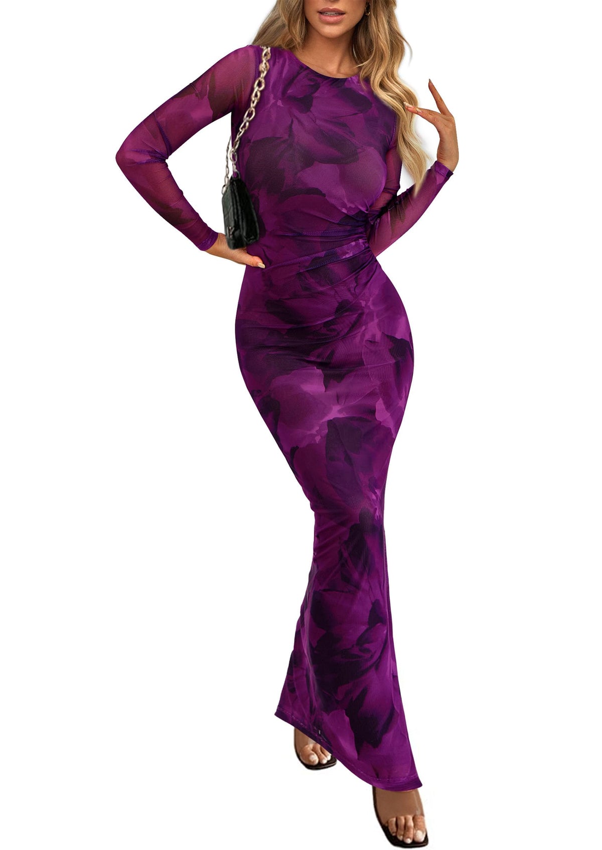 PRETTYGARDEN Women's Floral Bodycon Maxi Fall Dress | Sheer Mesh, Boho Tie Dye, Long Sleeve Fitted, Ruched Waist, Wedding Guest, Cocktail Party Holiday, Elegant Spring Outfits