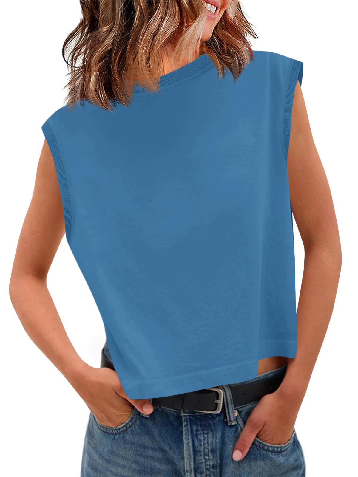 Tankaneo Womens Cropped Cap Sleeve Tank Tops Summer Basic Tee Shirts | Muscle Tank, Crew Neck, Sleeveless Shirts, Loose Fit, Casual Trendy, Boxy