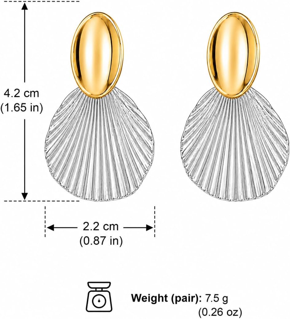 Shell Drop Earrings for Women, Gold Stud Fan Shape Dangle Earrings Beach Vacation Statement Jewelry for Summer Wear