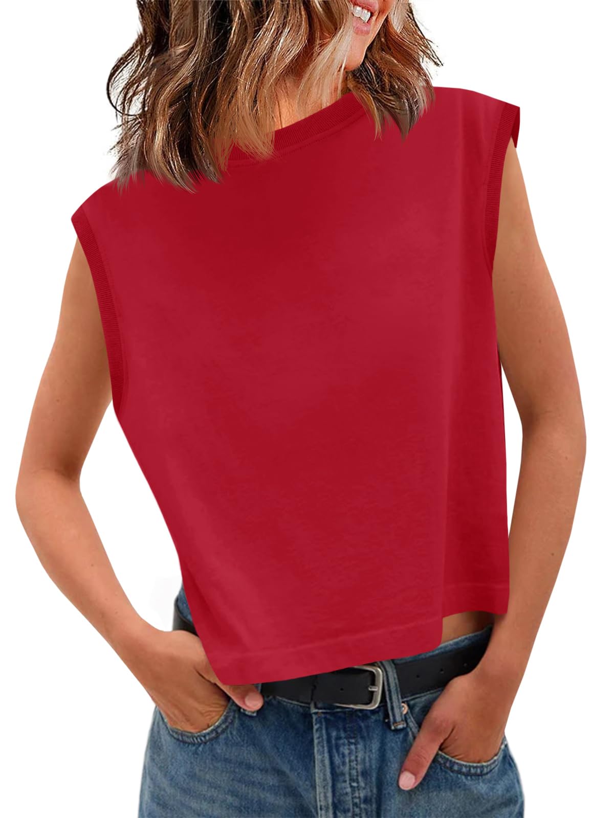 Tankaneo Womens Cropped Cap Sleeve Tank Tops Summer Basic Tee Shirts | Muscle Tank, Crew Neck, Sleeveless Shirts, Loose Fit, Casual Trendy, Boxy