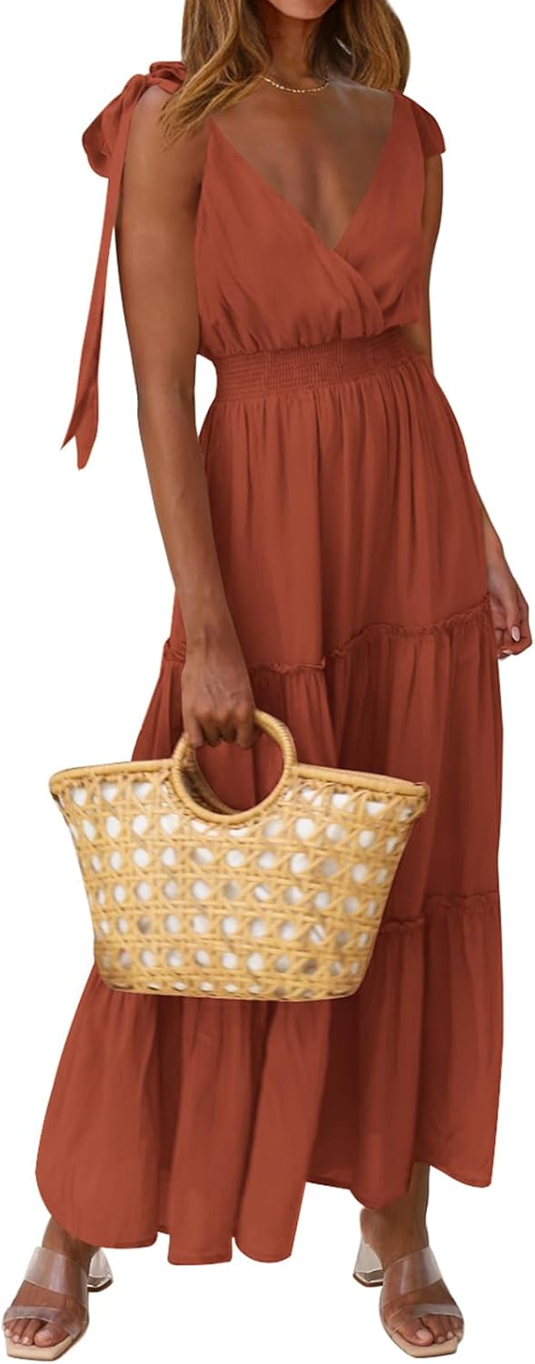 PRETTYGARDEN Women's Cross Neck Summer Sleeveless Tiered Maxi Dress Beach Tie Strap Smocked Long Dresses Pleated Sundress