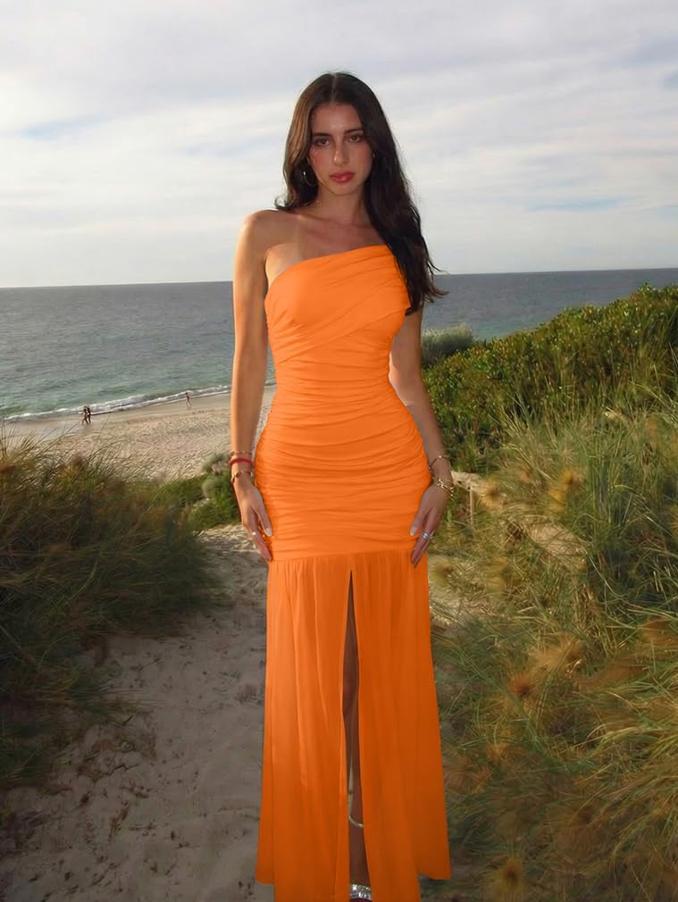 LAGSHIAN Womens Formal One Shoulder Sleeveless Evening Long Dress | Elegant Bodycon Mesh Ruched Cocktail Party Maxi Dress, Classy Slim Fit Wedding Dresses,Stretch,Flowing Sheer Hem
