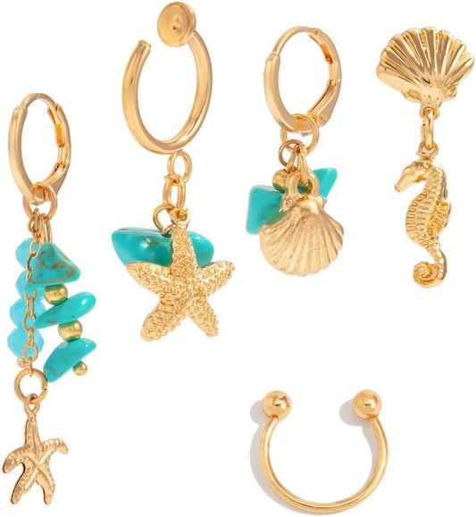 Beach Vacation Starfish Shell Dangle Earrings,Ocean Style Earring Set for Women Vintage Turquoise Earring Sea Turtle Shell Studs Pearl Tassel Clip-On Earrings Summer Jewelry