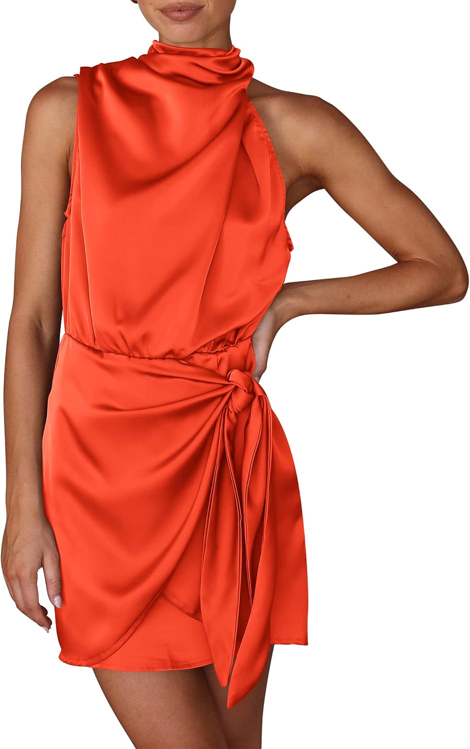 PRETTYGARDEN Women's Formal Short Satin Cocktail Dress | Sleeveless Mock Neck, Tie Waist, Asymmetrical Ruched, Elegant Silk, Birthday Party, Wedding Guest Evening, Summer Outfits