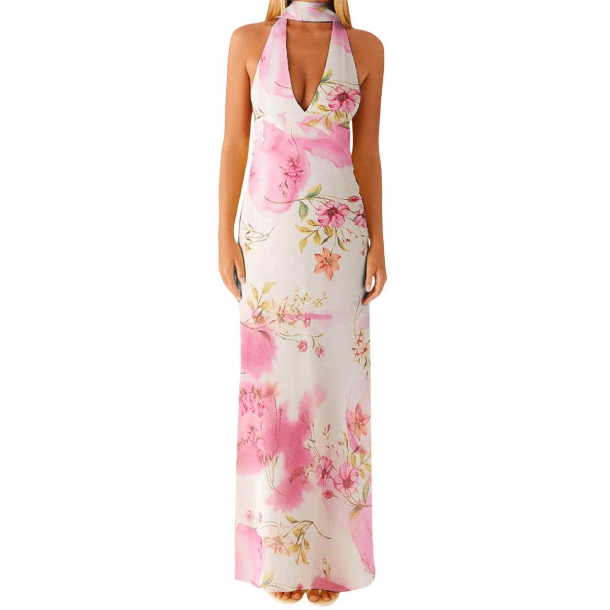 Floral Maxi Dress, Halter Dresses for Women, Deep V Neck Backless Bodycon Long Dresses