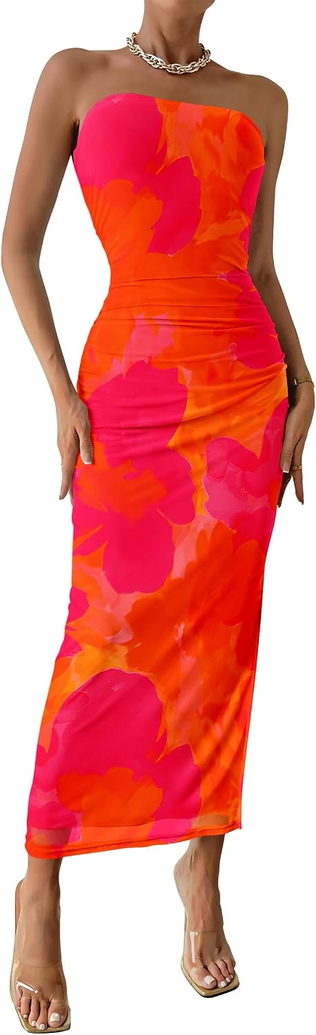 PRETTYGARDEN Women's Strapless Bodycon Floral Maxi Dress | Stretchy Lined Mesh, Long Tube Dresses, Ruched Slit, Spring Summer Y2K Outfits for Wedding, Date Night Party, Beach Vacation