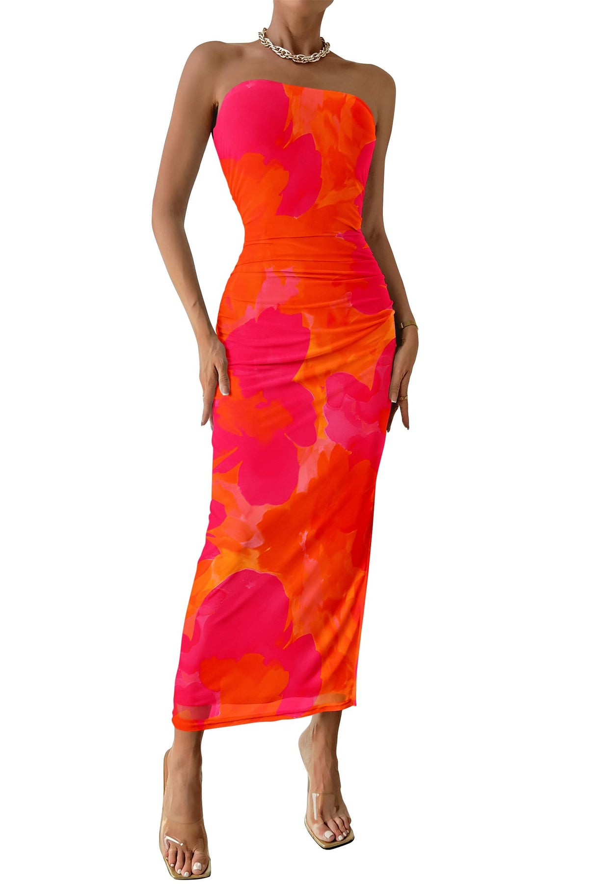 PRETTYGARDEN Women's Strapless Bodycon Floral Maxi Dress | Stretchy Lined Mesh, Long Tube Dresses, Ruched Slit, Spring Summer Y2K Outfits for Wedding, Date Night Party, Beach Vacation