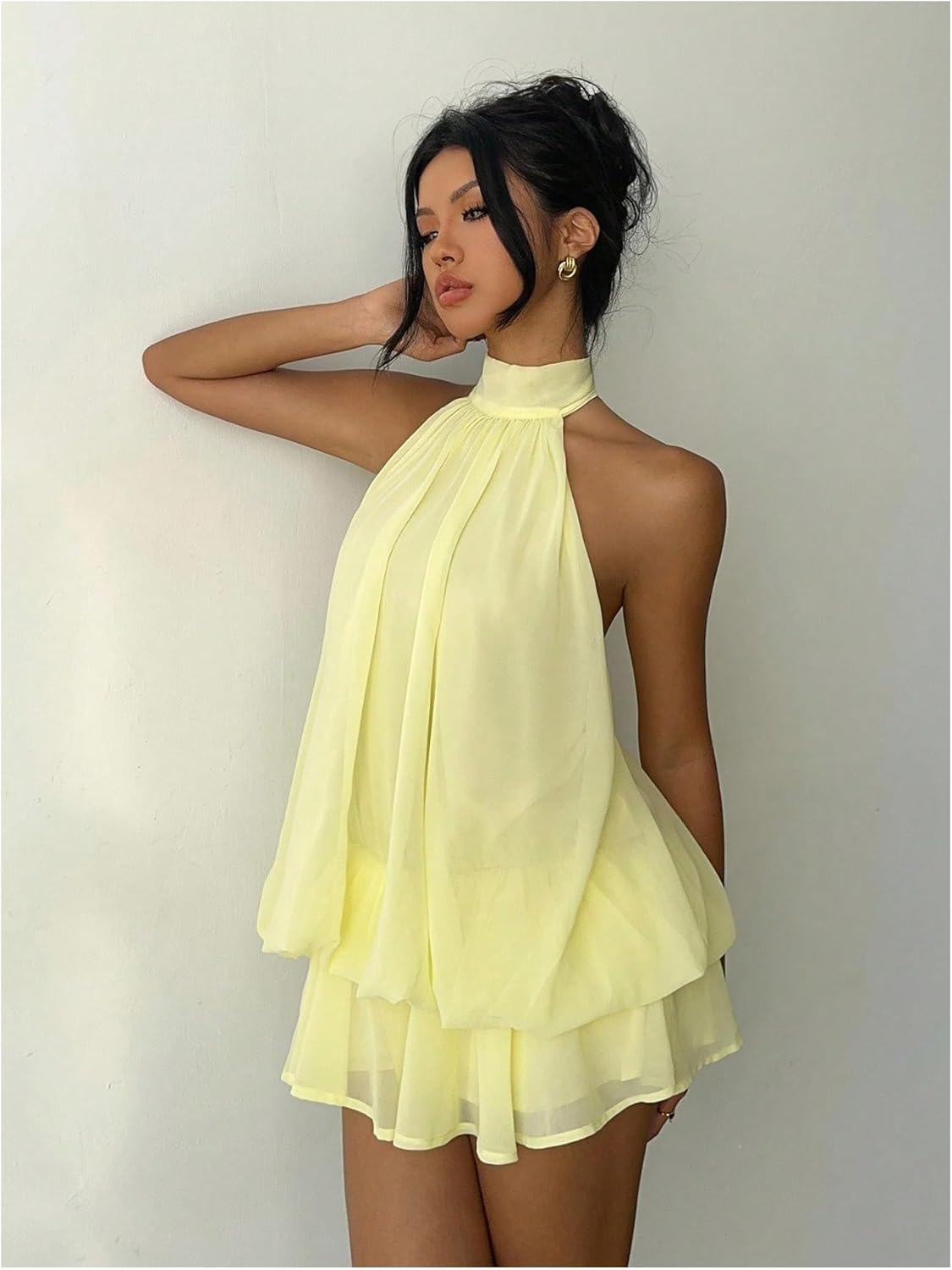 Verdusa Women's Chiffon Halter Drop Waist Flowy Wedding Guest Mini Dresses | Sleeveless, Ruffle Hem, Loose Fit, Brunch Outfits, Birthday, Going Out, Cocktail, Y2k