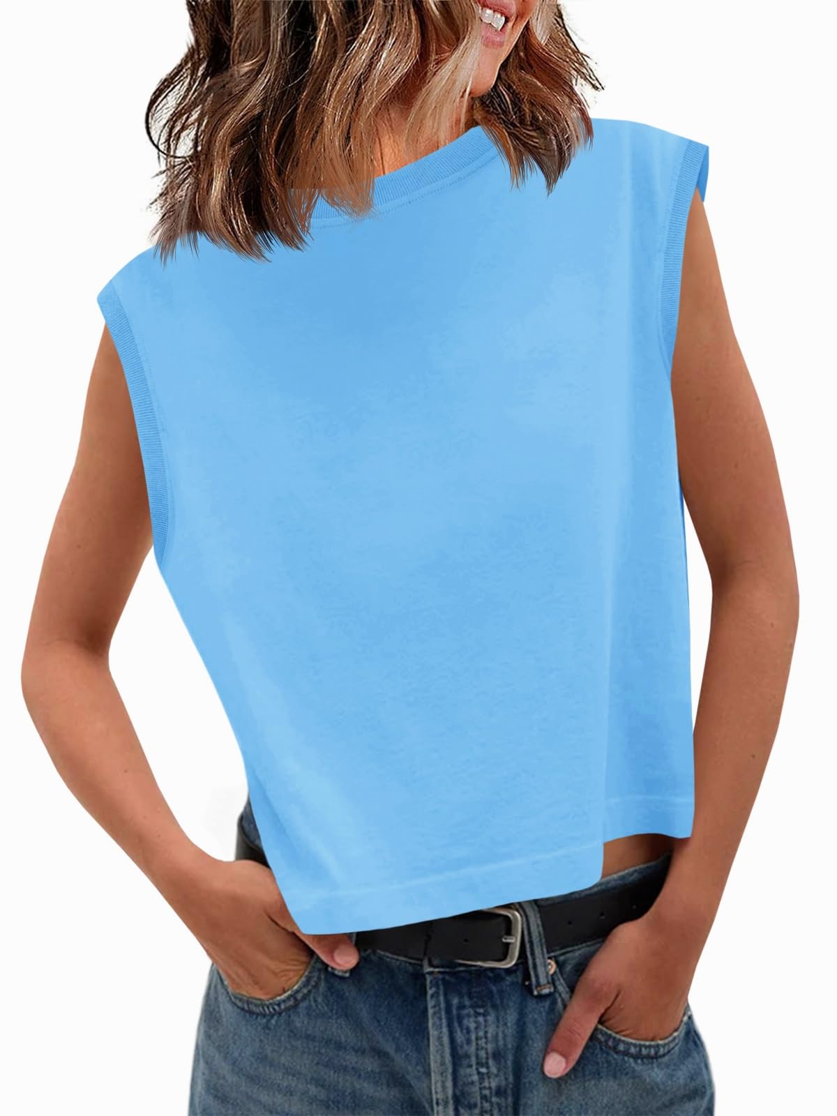 Tankaneo Womens Cropped Cap Sleeve Tank Tops Summer Basic Tee Shirts | Muscle Tank, Crew Neck, Sleeveless Shirts, Loose Fit, Casual Trendy, Boxy