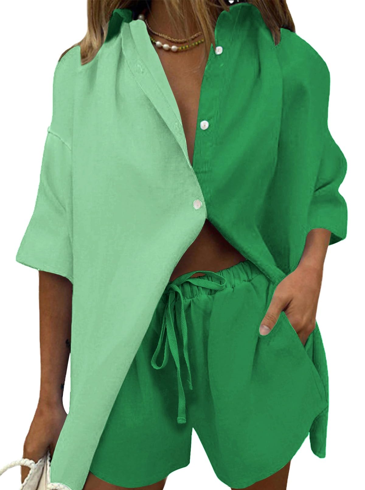 Fixmatti Women 2 Piece Outfits Long Sleeve Button Down Blouse and Shorts Sweatsuit Sets