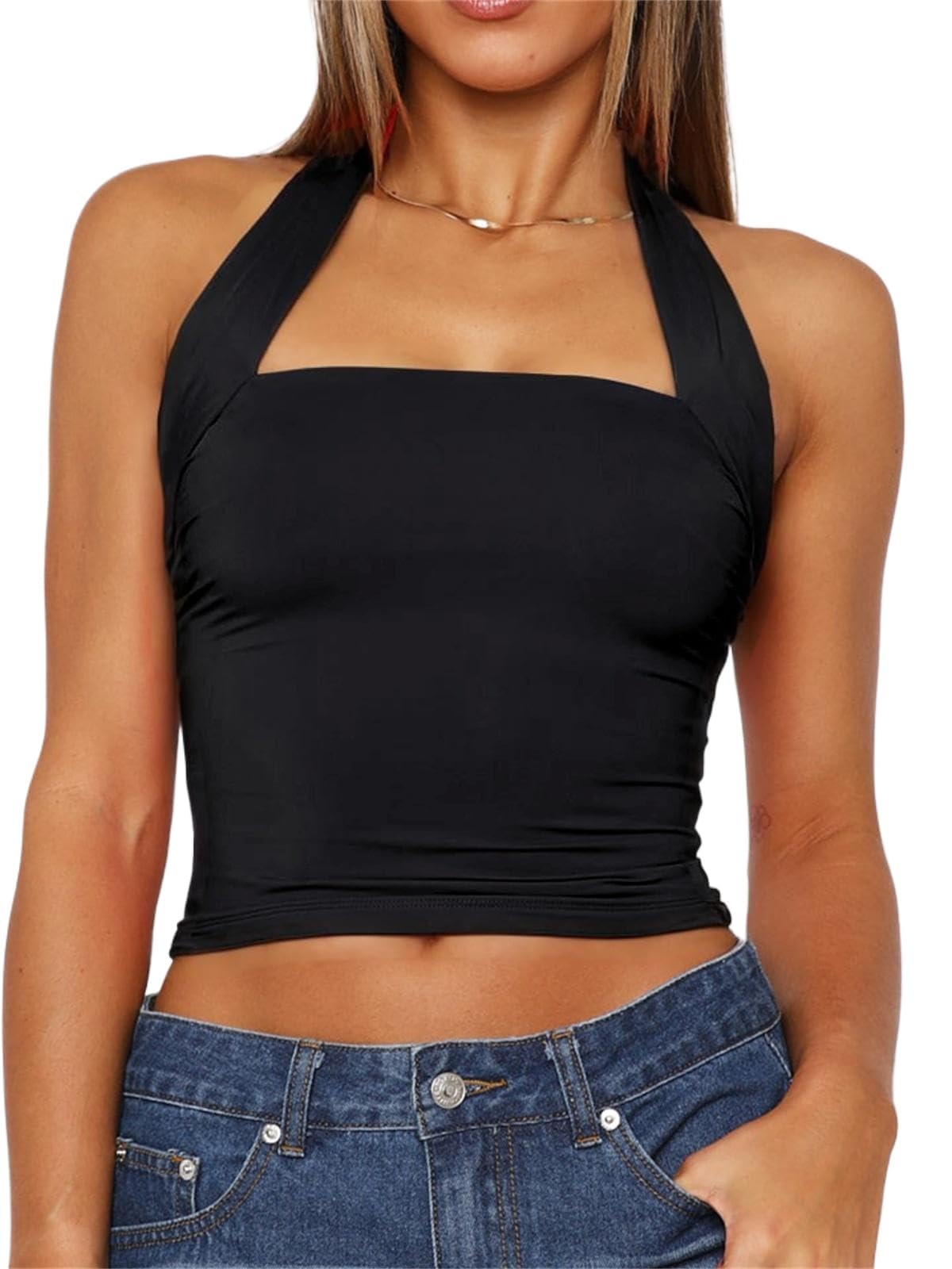 TiulZial Women Sexy Halter Neck Backless Tank Top Open Back Sleeveless Slim Fit Y2k Summer Tops
