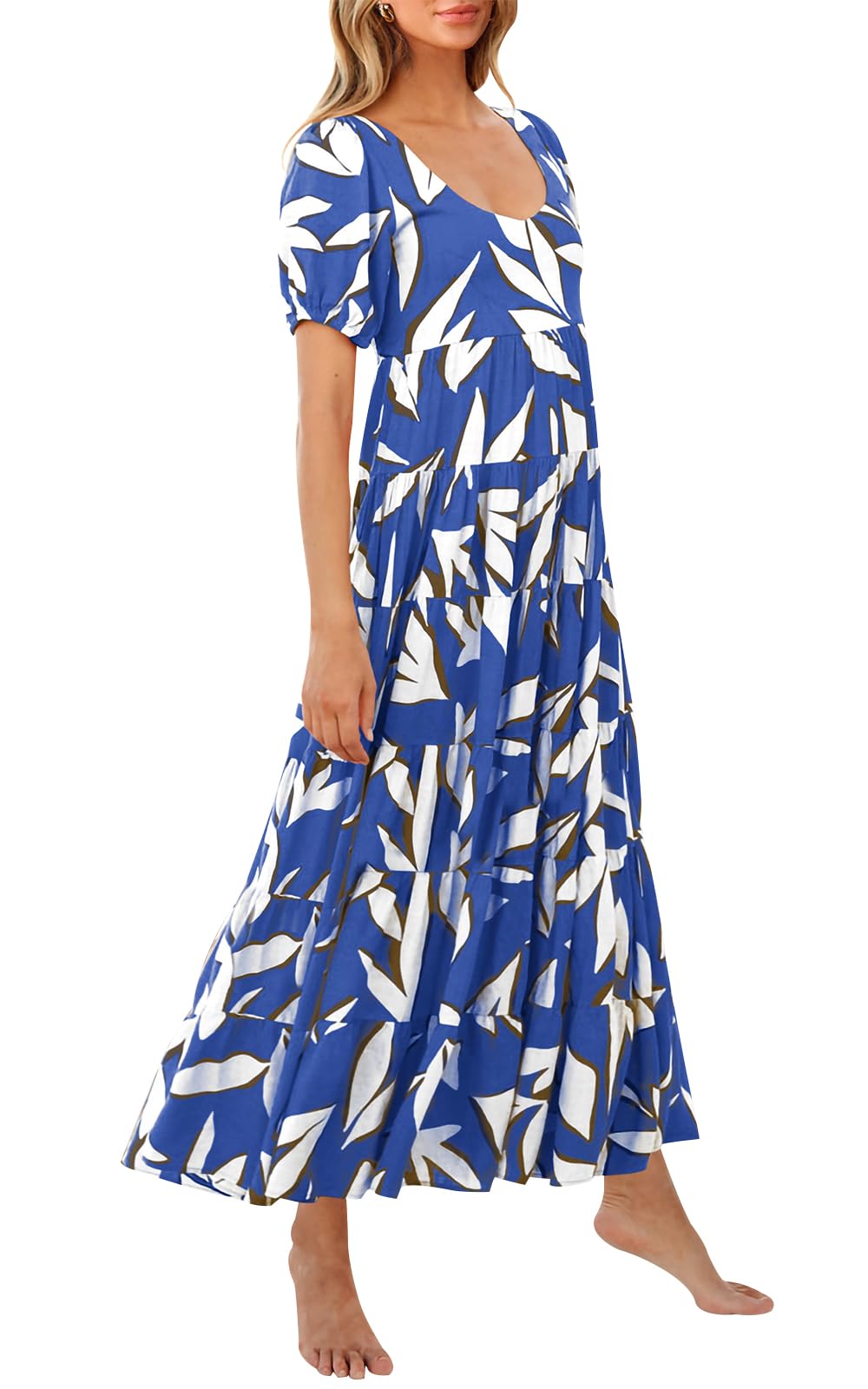 PRETTYGARDEN Puff Short Sleeve Cewneck Floral Long Fall Dresses for Women 2025 Flowy Tiered Hem Maxi Wedding Guest Dress