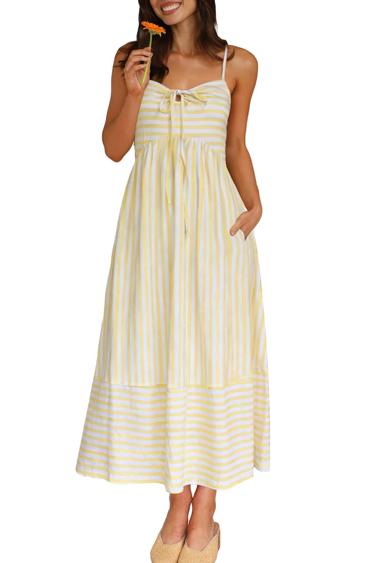Fashionme 2026 Women Summer Boho Maxi Dresses Vacation Beach with Pockets | Striped,Sleeveless Back Shirred Beach Long Sundresses, A Line Spaghetti Strap,Back Tie V Neck,Trendy,Soft Knit Dress, S-XL