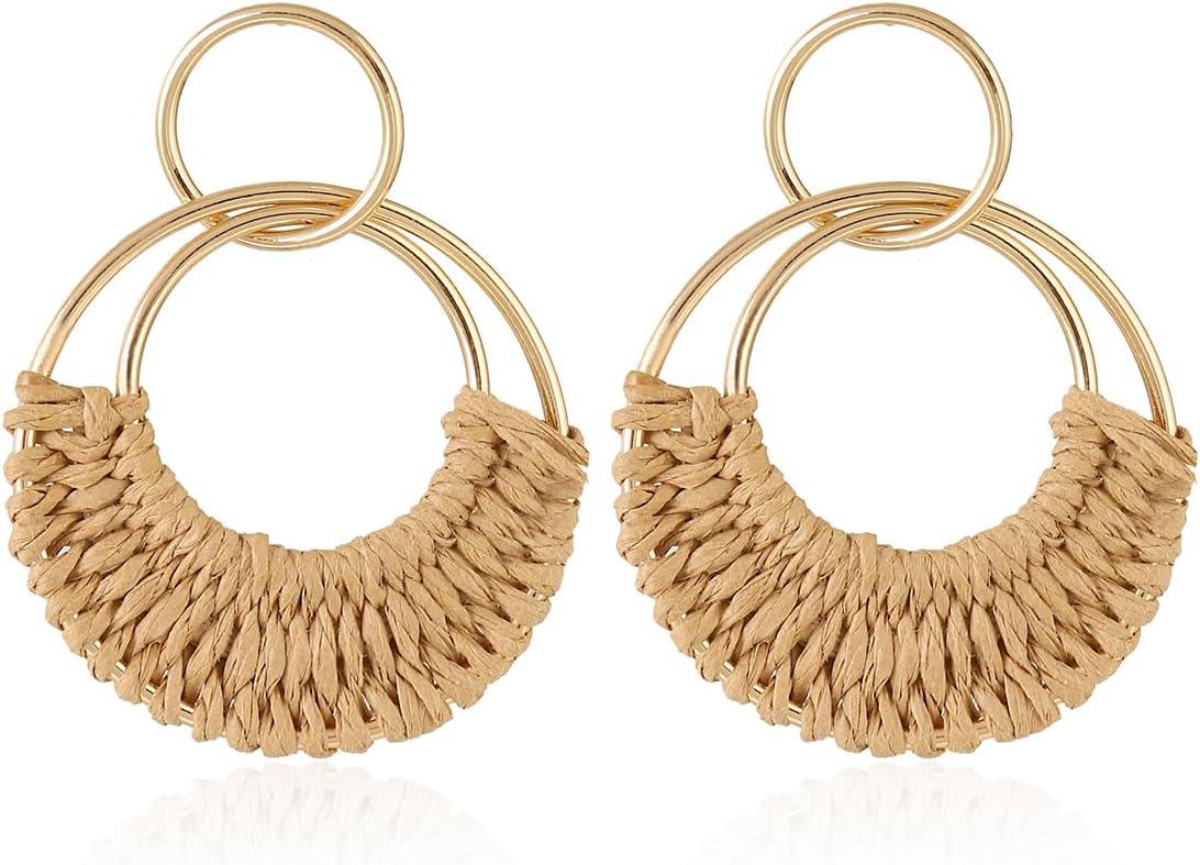 Handmade Raffia Hoop Earrings Statement Tropical Bohemian Straw Dangle Earrings Natural Rattan Vacation Style Round Earrings for Women Summer Beach Party Essential Jewelry