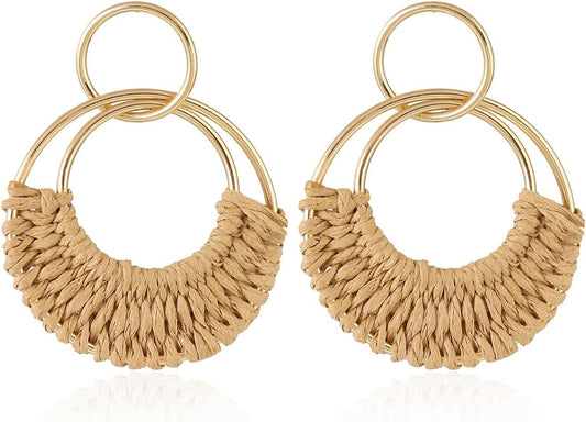 Handmade Raffia Hoop Earrings Statement Tropical Bohemian Straw Dangle Earrings Natural Rattan Vacation Style Round Earrings for Women Summer Beach Party Essential Jewelry