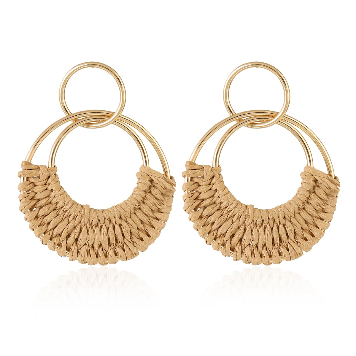 Handmade Raffia Hoop Earrings Statement Tropical Bohemian Straw Dangle Earrings Natural Rattan Vacation Style Round Earrings for Women Summer Beach Party Essential Jewelry