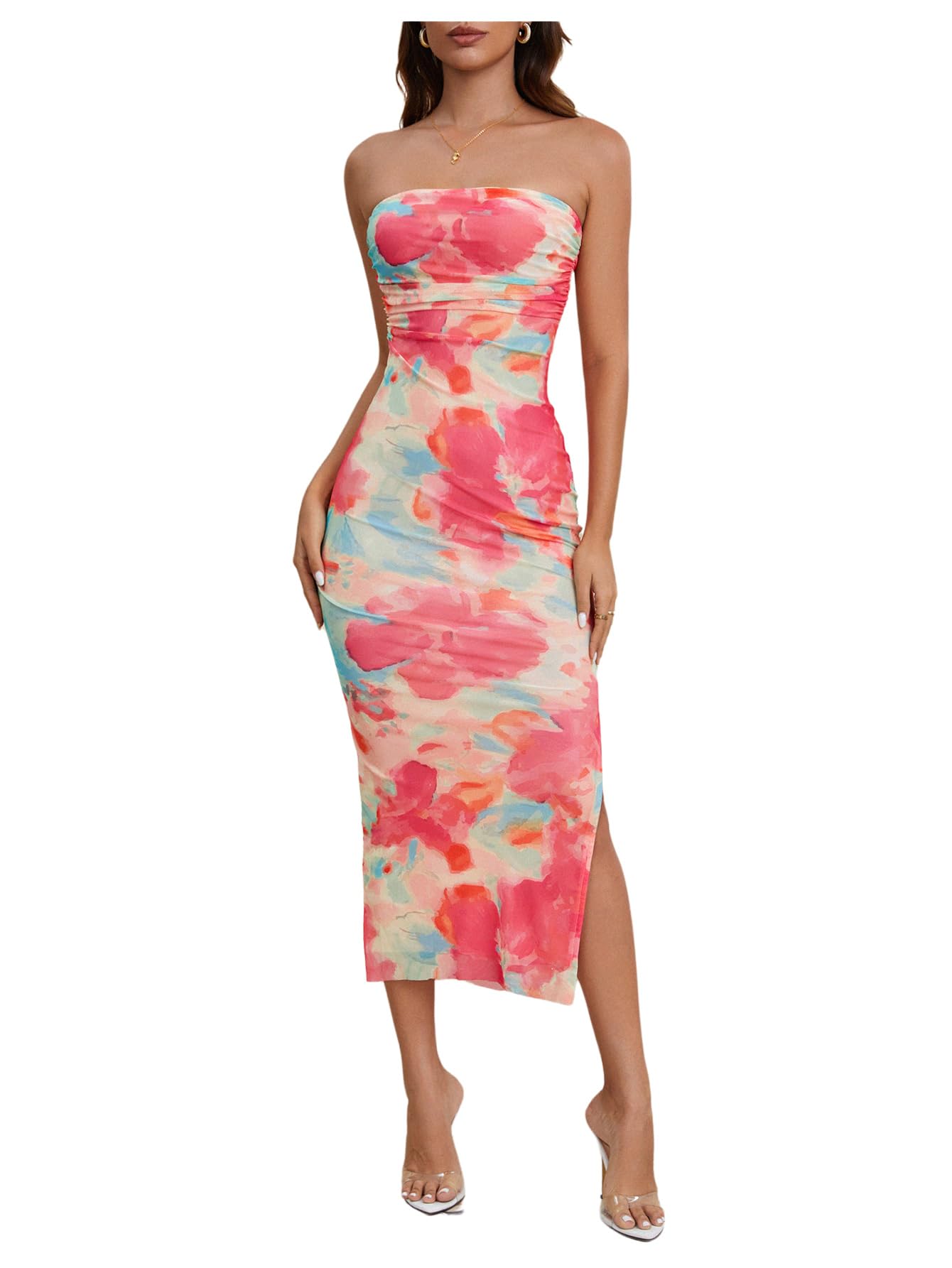 Milumia Women's 2026 Summer Floral Strapeless Tube Top Dresses Side Slit Wedding Guest Bodycon Maxi Dress
