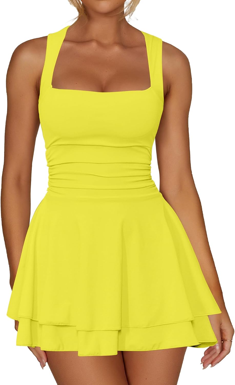 Kaximil Women's Square Neck Ruffle Hem Party Mini Dress | Corset Ruched Waist Cute Short Tennis Dresses