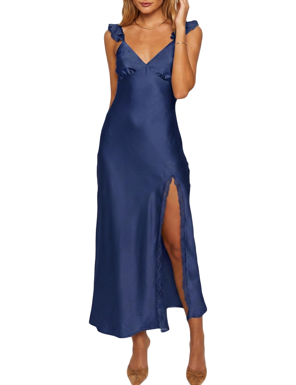 KOUNAI Women's Satin Summer Lace Slit Formal Midi Dress for Wedding Guest | Silk,Elegant,Ruffle Sleeve,Cocktail,Bridesmaid, Beach, Vacation,Party,Adjustable Straps,Graduation,Baby Showe,Engagement