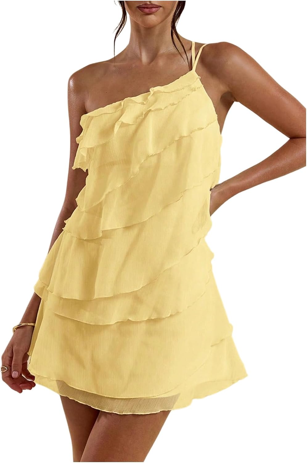 SOLY HUX Women's One Shoulder Ruffle Mini Dress | Ruffle,Mesh,Layered,Backless,Party Dresses,Cocktail