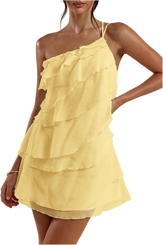 SOLY HUX Women's One Shoulder Ruffle Mini Dress | Ruffle,Mesh,Layered,Backless,Party Dresses,Cocktail