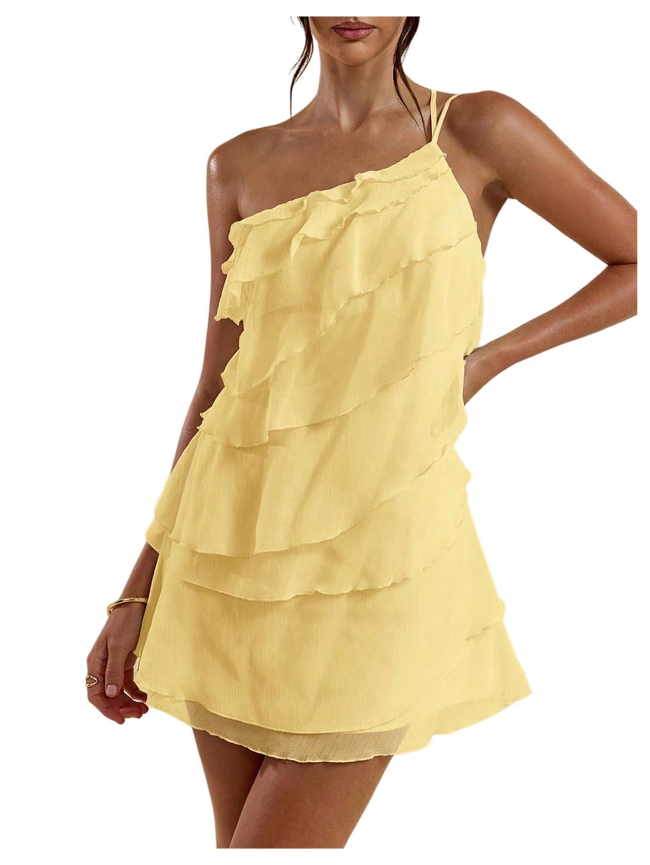 SOLY HUX Women's One Shoulder Ruffle Mini Dress | Ruffle,Mesh,Layered,Backless,Party Dresses,Cocktail