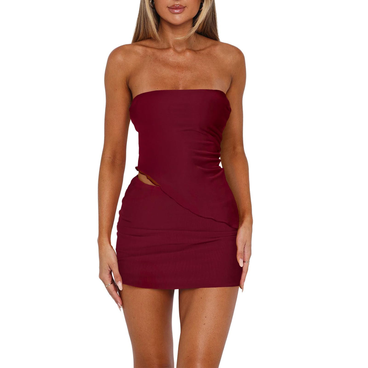 Goafuliy Two Piece Skirt Set for Women Summer Asymmetrical Mesh Strapless Tube Tops Mini Skirt Set Going Out Outfits