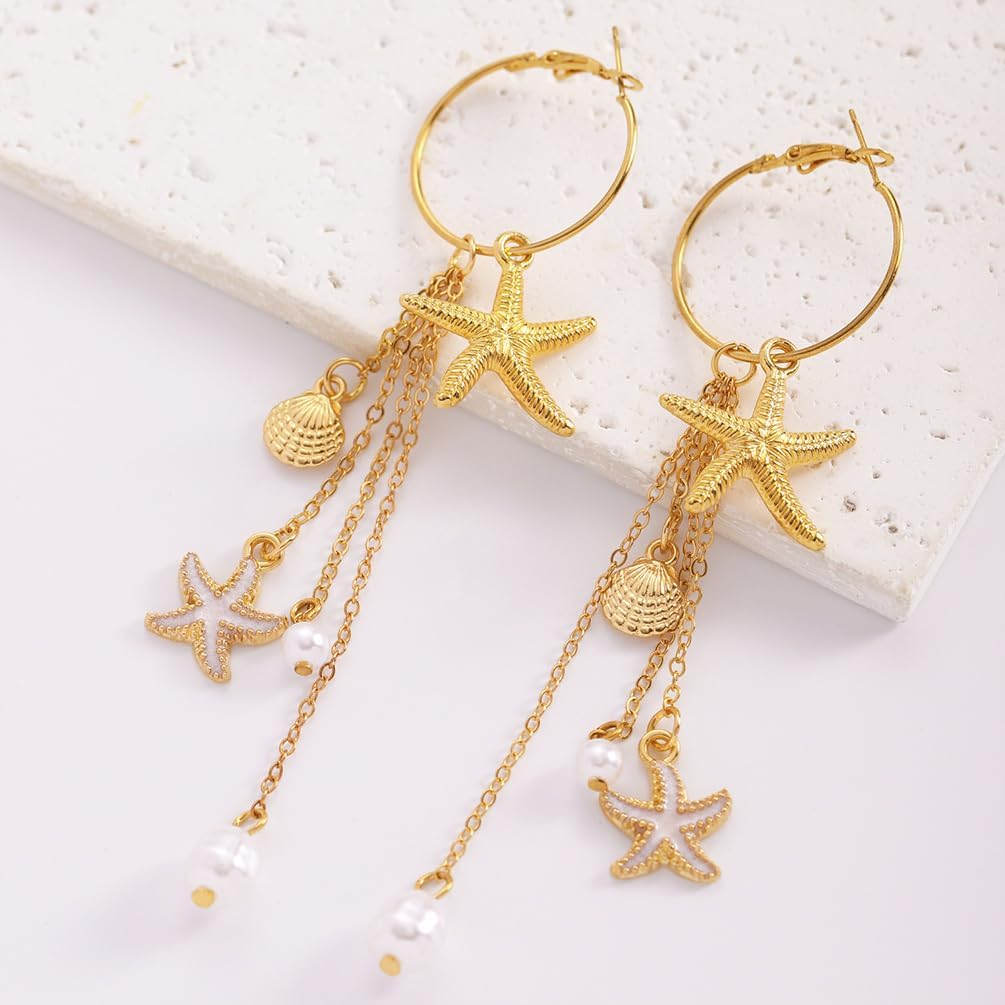 Beach Gold Seashell Shell Starfish Drop Dangly Earrings for Women Stylish | Boho Sea Shell Conch Pearl Enamel Star Dangling Beachy Earring, Beach Jewelry Vacation Holiday Accessories for Women Trendy
