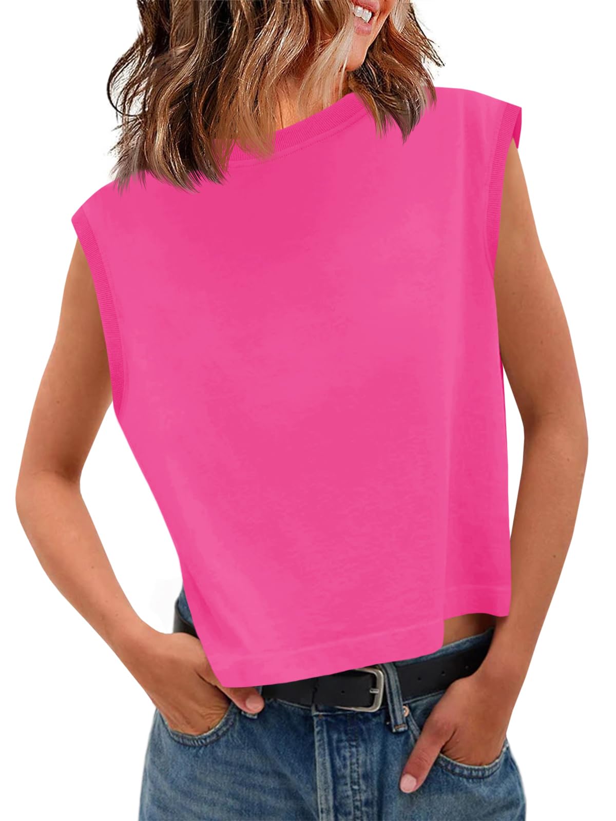Tankaneo Womens Cropped Cap Sleeve Tank Tops Summer Basic Tee Shirts | Muscle Tank, Crew Neck, Sleeveless Shirts, Loose Fit, Casual Trendy, Boxy