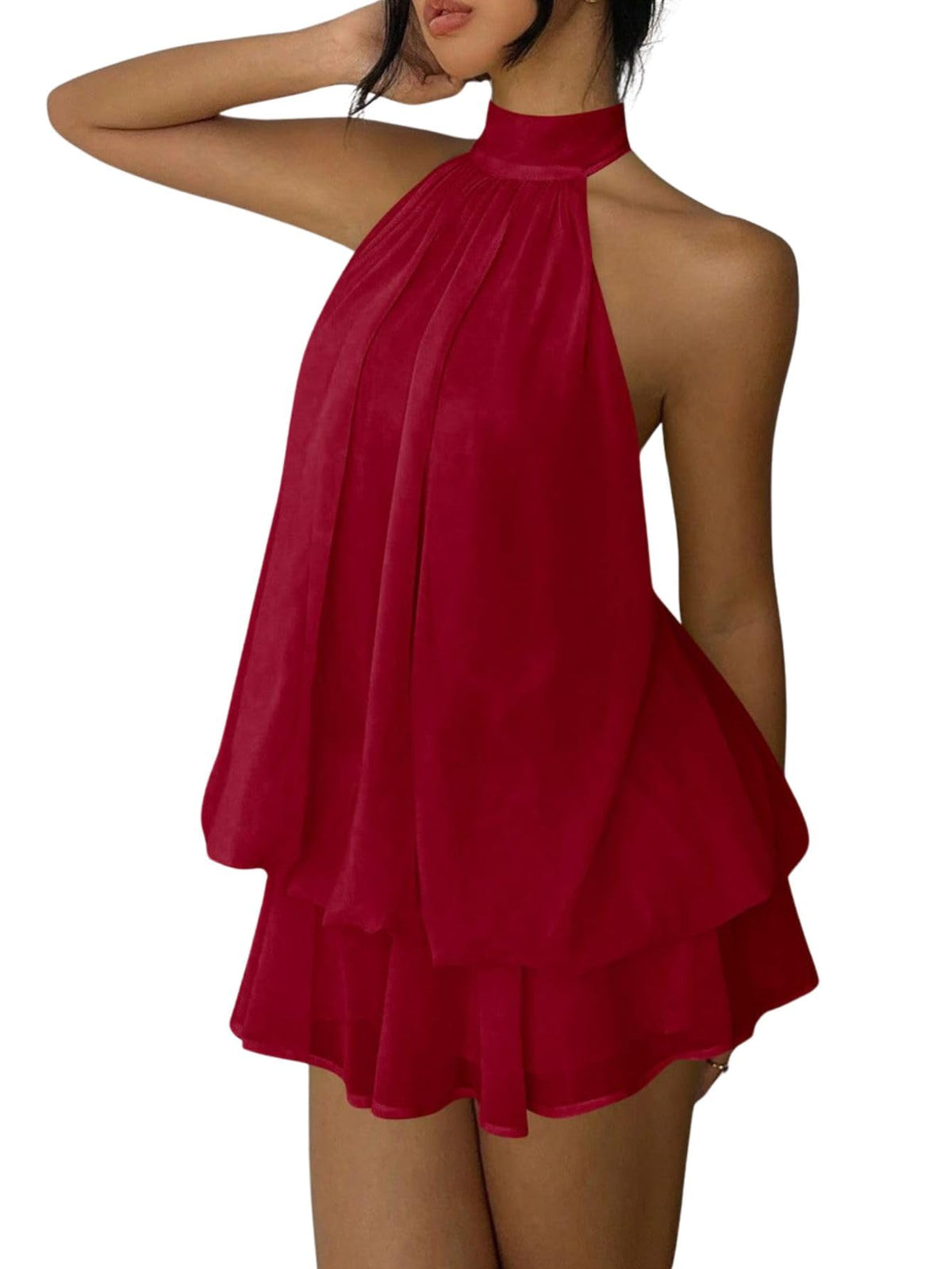 Verdusa Women's Chiffon Halter Drop Waist Flowy Wedding Guest Mini Dresses | Sleeveless, Ruffle Hem, Loose Fit, Brunch Outfits, Birthday, Going Out, Cocktail, Y2k