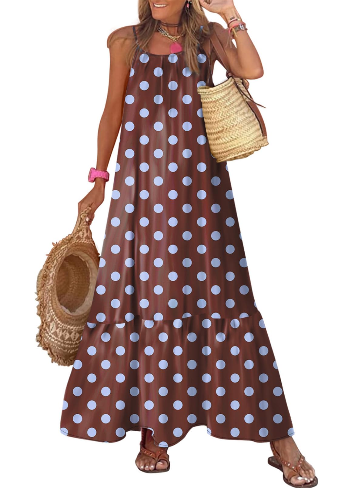 Dokotoo Women Summer Dresses Scoop Neck Ruffle Flowy Boho Maxi Dress | Spaghetti Strap Sundresses,Sleeveless,Beach Vacation Clothes,Ruffle A Line,Casual Boho Printed,Hawaiian Dresses,Wedding Guest