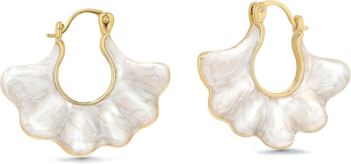 SNGIA 18K gold plated White Cream Enamel Flower Stud Statement Earrings for Women by SNGIA, Dainty Bold Retro Handmade Trendy Natural Sea Summer Boho Seashell Beach Fan Shape Summer Vacation Huggie Bohemian Jewelry Gifts Accessories