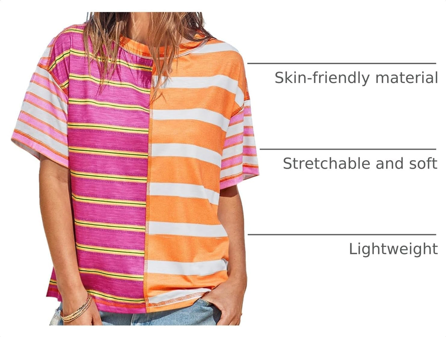 Tankaneo Womens Summer Striped Shirts Casual Color Block Short Sleeve Tops Loose Fit Crew Neck Tees