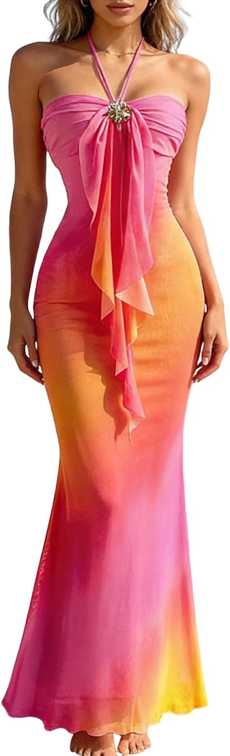 GORGLITTER Women's Ombre Sunset Halter Starfish Boho Beach Maxi Dresses | Tropical Vacation Hawaiian Dresses 2026, Floral Cocktail Going Out Fishtail Long Sundress