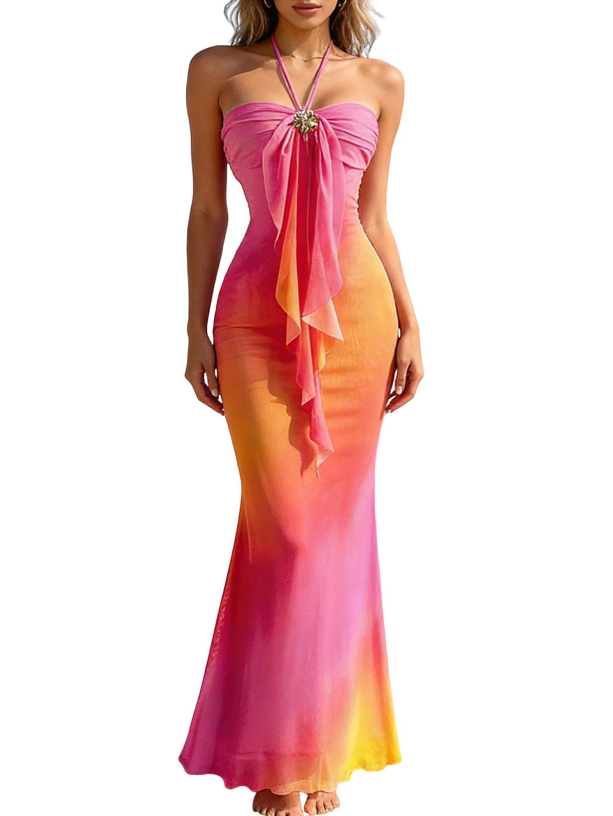 GORGLITTER Women's Ombre Sunset Halter Starfish Boho Beach Maxi Dresses | Tropical Vacation Hawaiian Dresses 2026, Floral Cocktail Going Out Fishtail Long Sundress