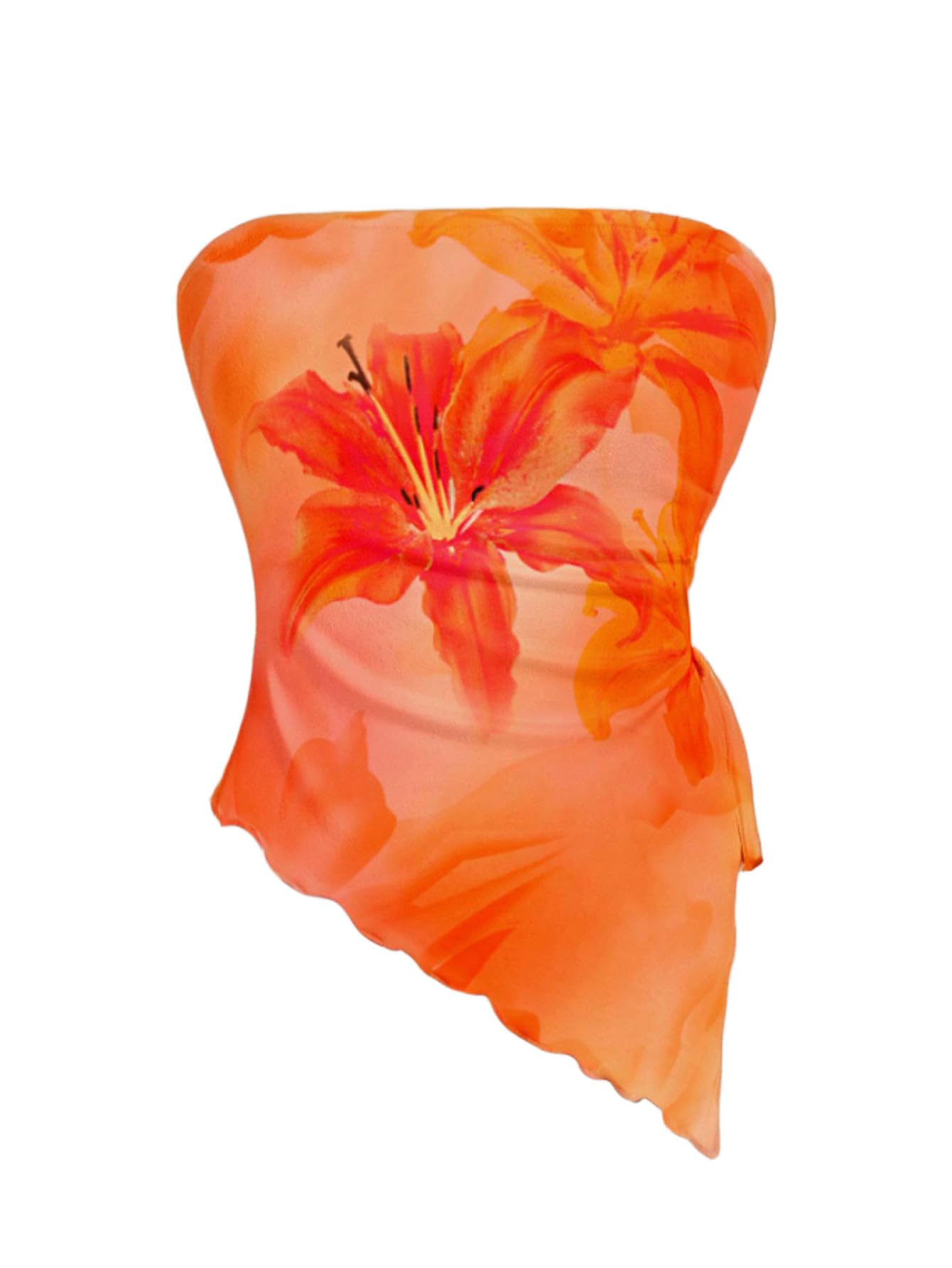 WDIRARA Women's Floral Strapless Side Ruched Asymmetrical Hem Tube Top | Y2k Floral, Strapless, Asymmetrical Hem, Side Ruched, Bandeau Crop Top