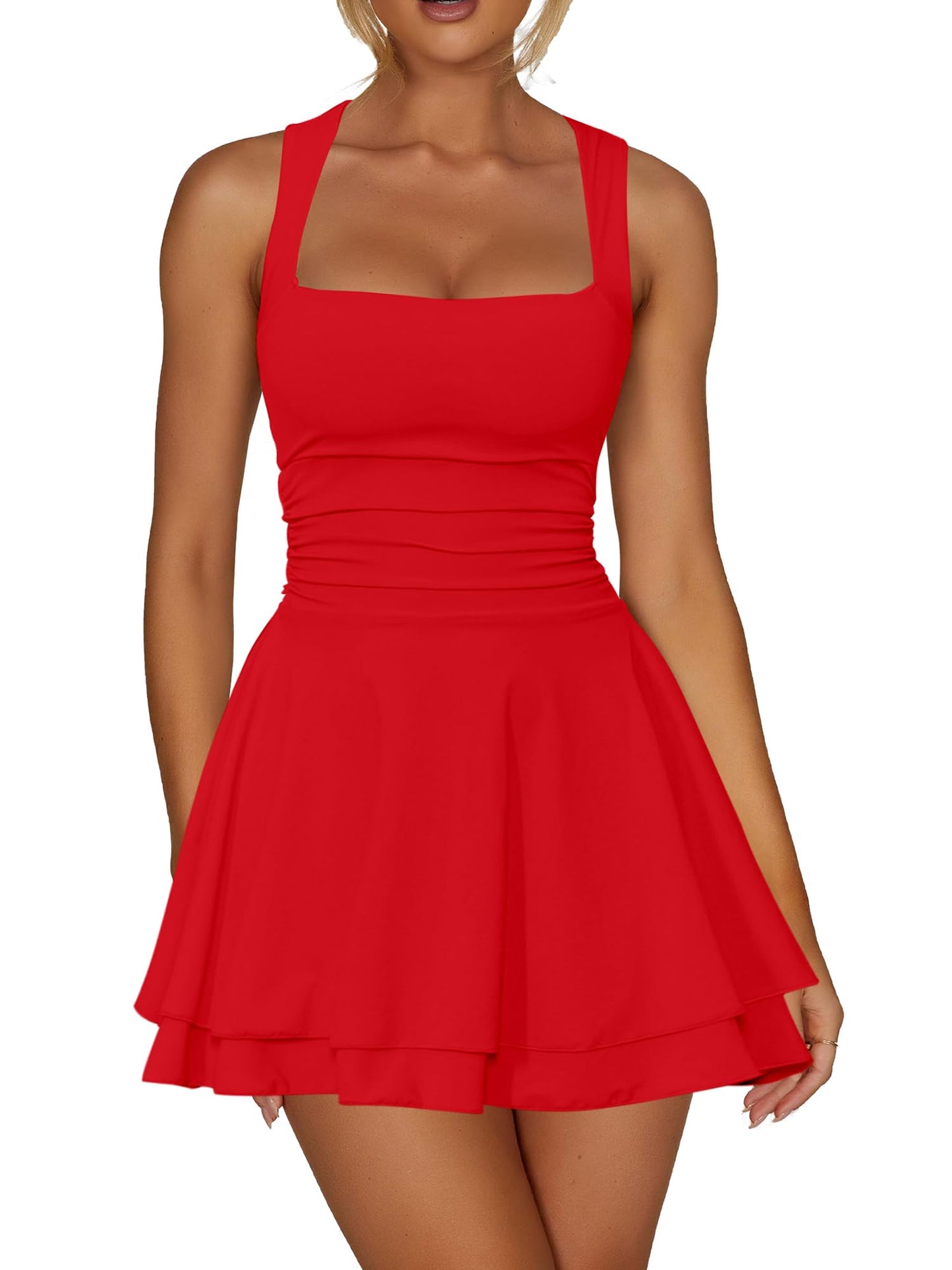Kaximil Women's Square Neck Ruffle Hem Party Mini Dress | Corset Ruched Waist Cute Short Tennis Dresses