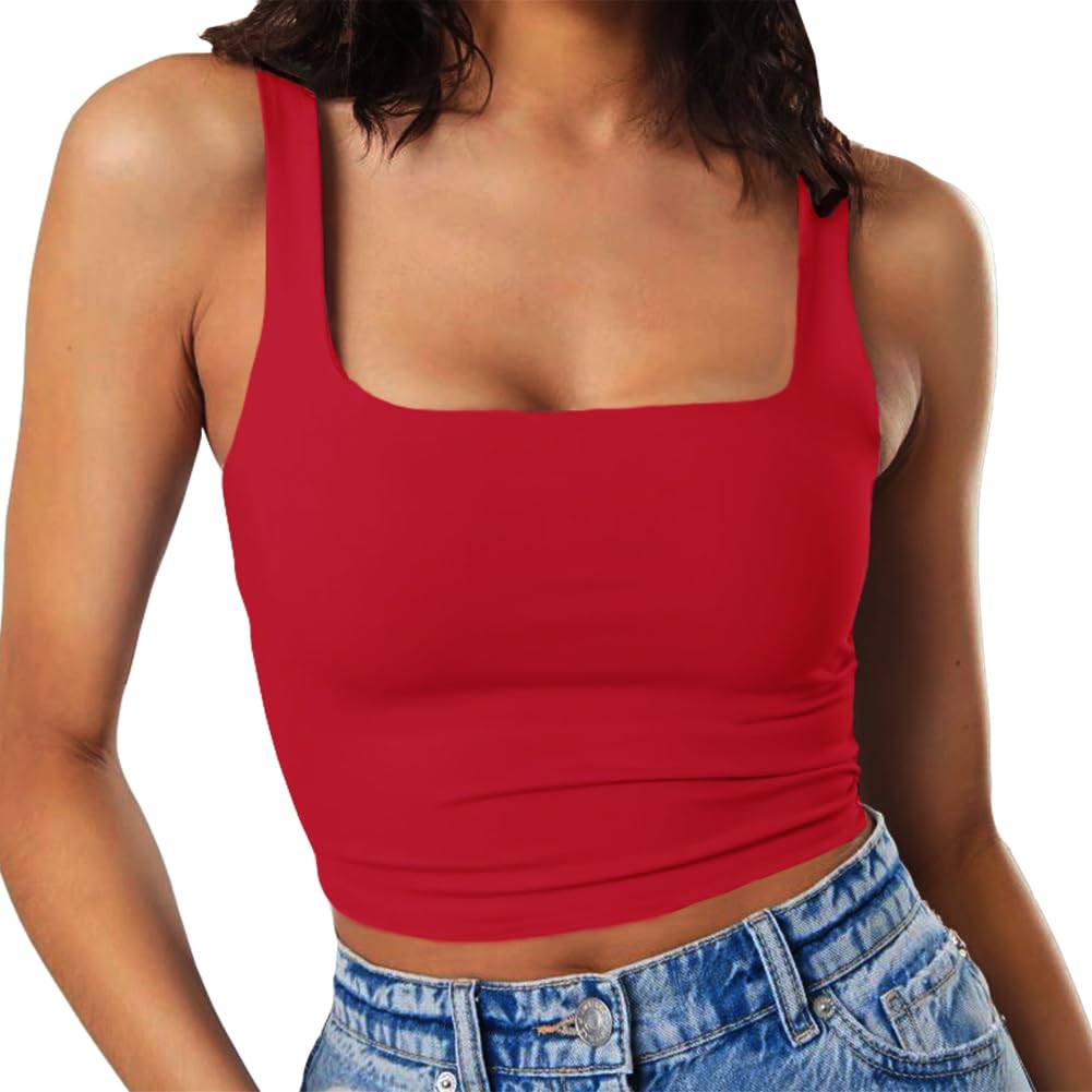 Artfish Women's Sleeveless Strappy Tank Square Neck Double Layer Workout Fitness Casual Basic Crop Tops