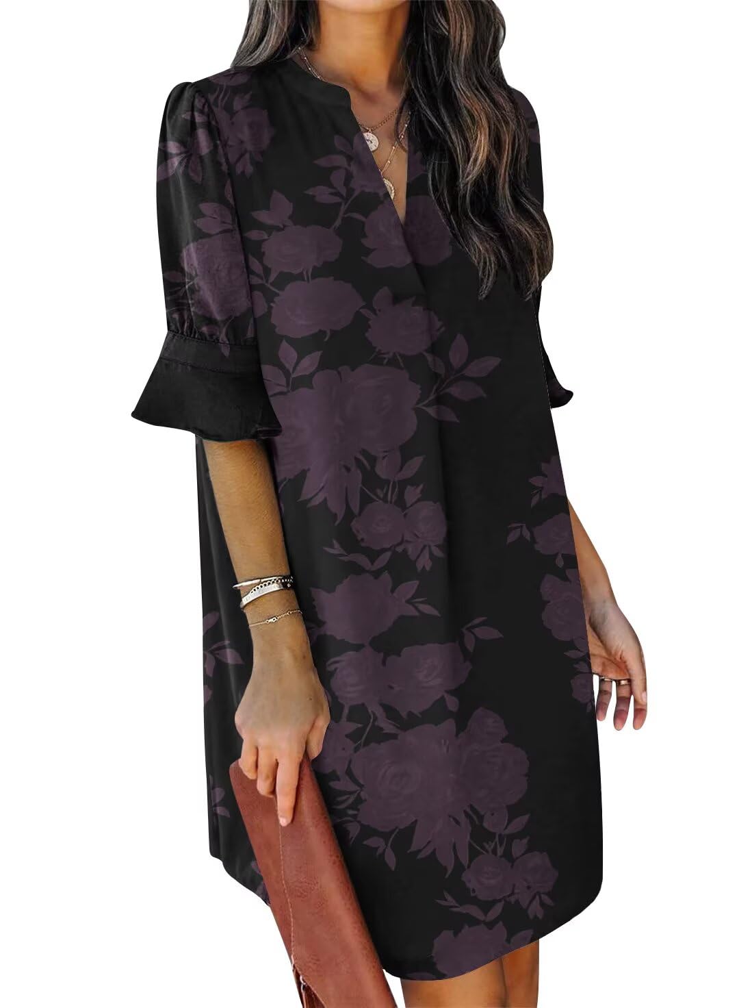 QACOHU Womens Summer Casual V Neck Shift Mini Dress | Flowy Swing Basic Dress, Ruffle Short Sleeve, Floral Boho Style, Wedding Guest Daily Work Clothes, Beach Vacation Outfits