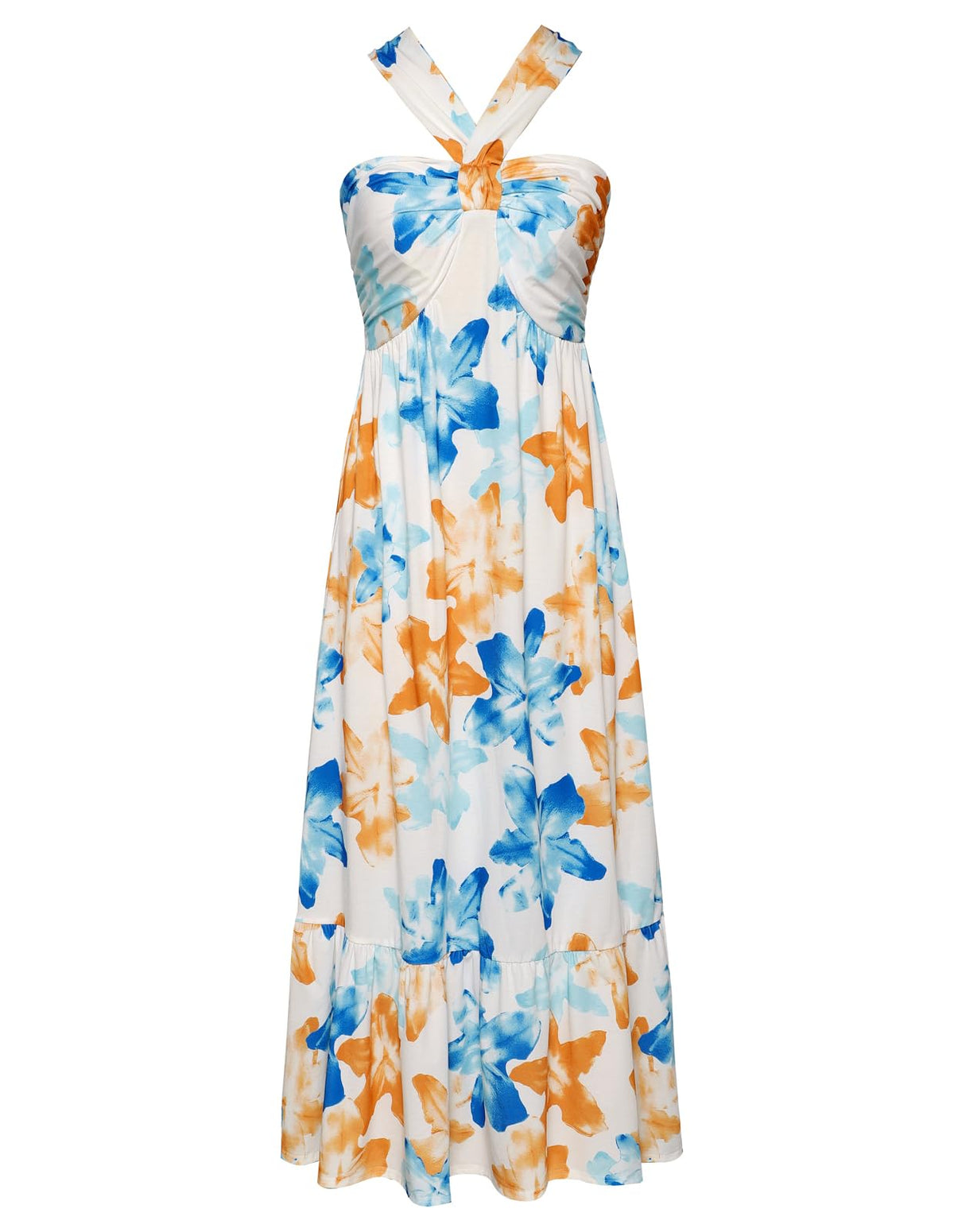 GRACE KARIN Womens Summer Floral Halter Boho Maxi Dresses | 2026 Flowy Criss Cross A Line Long Sundress Casual Tropical Vacation Beach Clothes Wedding Guest Dress With Pocket