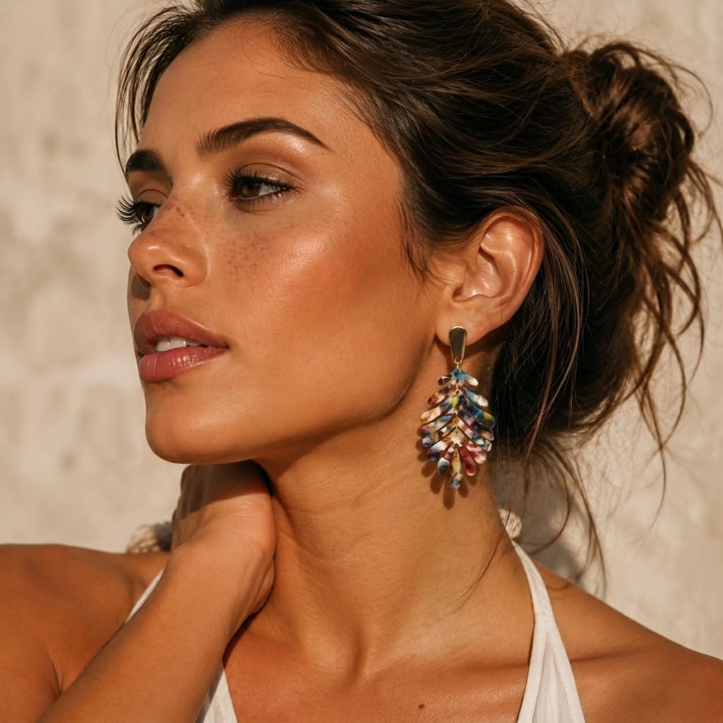 Sonateomber Large Gold Leaf Dangle Drop Earrings for Women, Long Statement Acrylic Palm Leaf Resin Dangling Earing Summer Beach Vacation Tropical Accessories Fashion Jewelry Gift